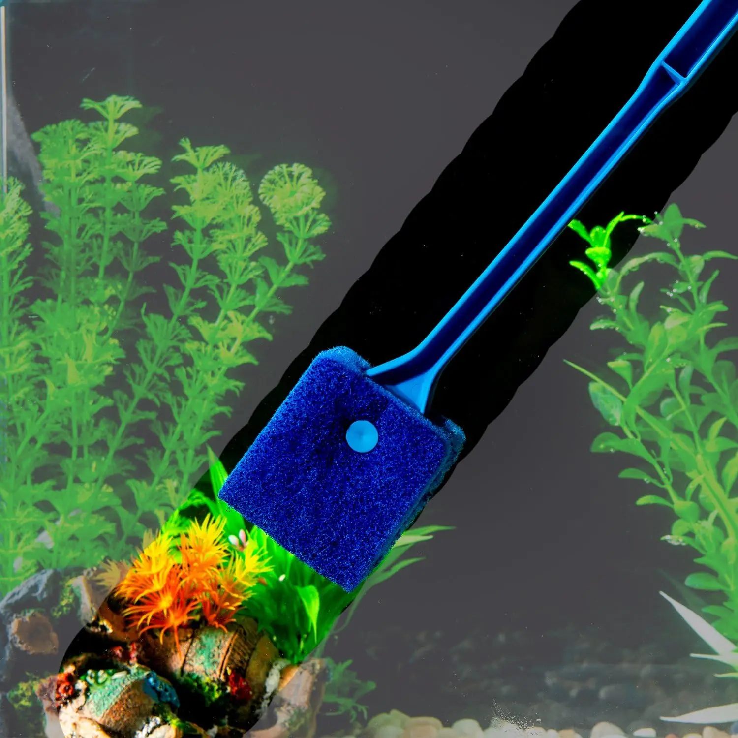 SLSON Double Sided Aquarium Algae Scraper 15.4 Inches Long Handle Plastic Sponge Brush Cleaner Fish Tank Scrubbing Glass