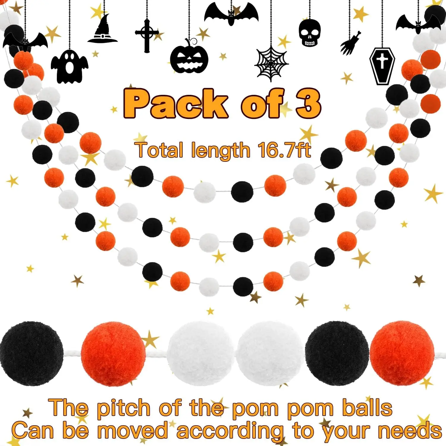 Halloween Indoor Room Decor Cute Hanging Orange Black Pompom Bead Ornament String  Felt Ball Pom Pom Garland