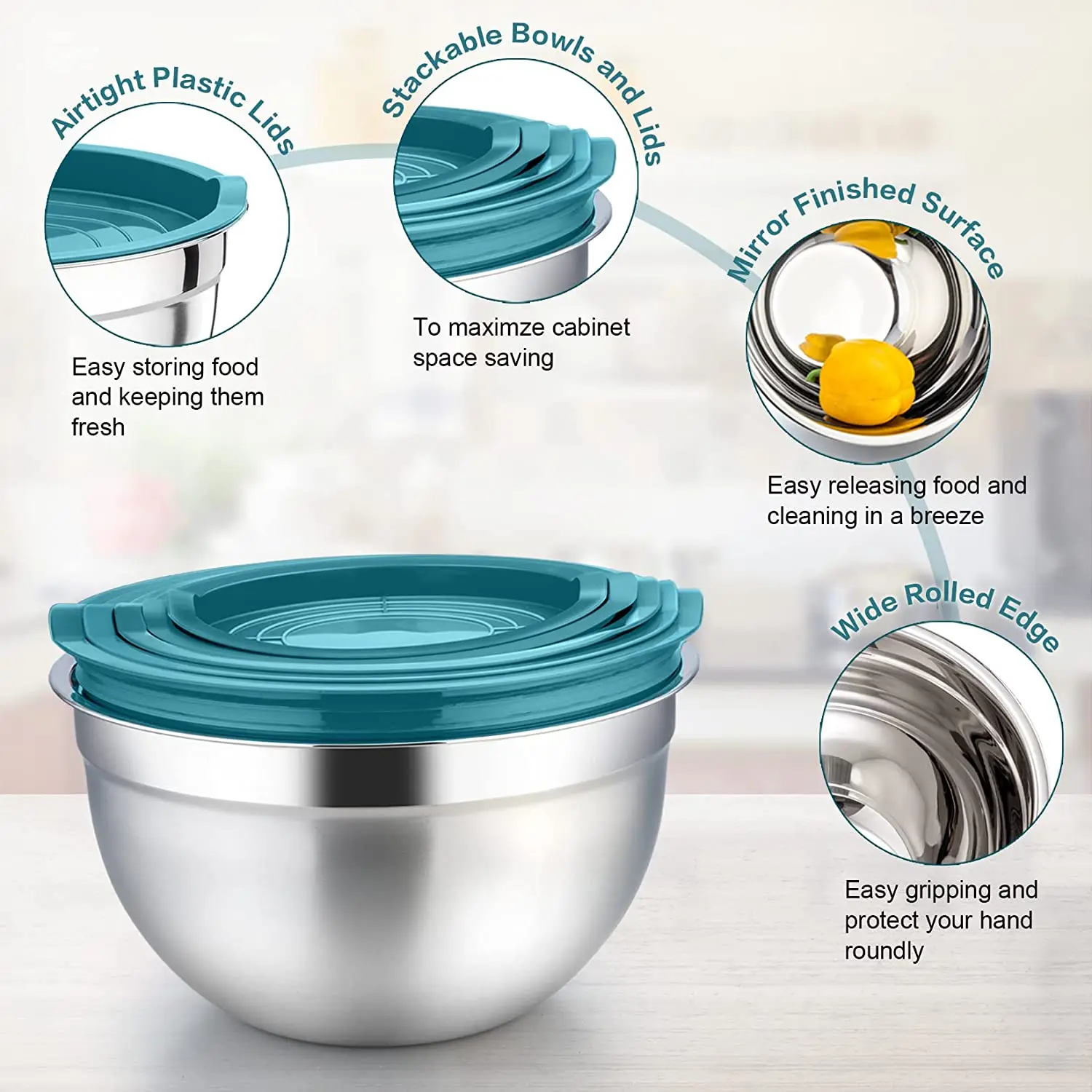 Mixing and Serving Set of 5 Metal Salad Bowls Stainless Steel Kitchen Bowl Sets with Green Airtight Lids