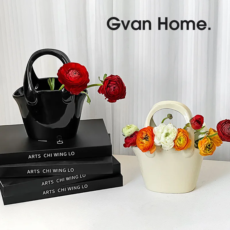 Custom Cheap Wholesale Home Decoration Black White Unique Table Handbag Purse Ceramic Flower Vase