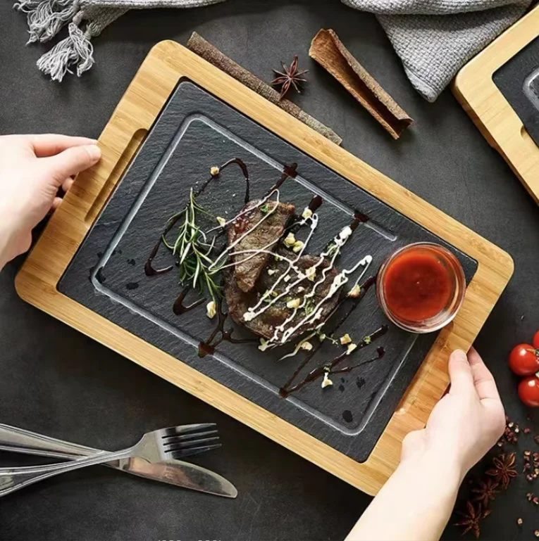 Ins black slate stone trays with wood steak plate cold tray