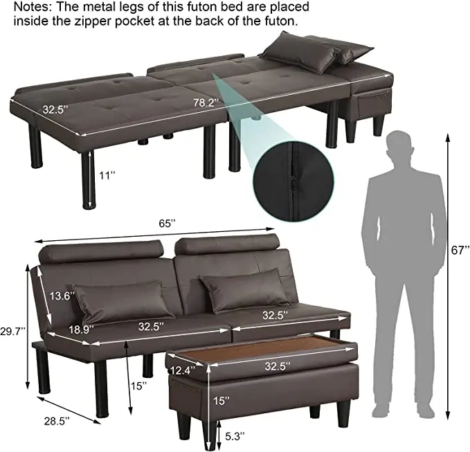 Futon Sofa Bed Tufted Loveseat Futon Couch with Ottoman/Coffee Table, Convertible Folding Recliner Sleeper