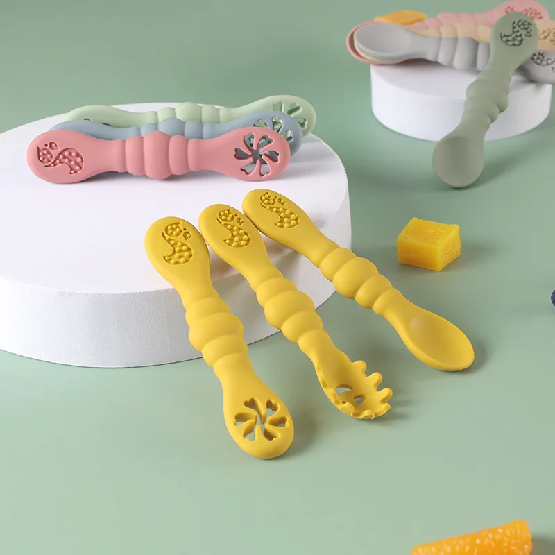 Wholesale Price 3pcs Set Silicone Kid Feeding Set with Spoon Silicone Bpa Free Spoon Baby Spoon Silicone