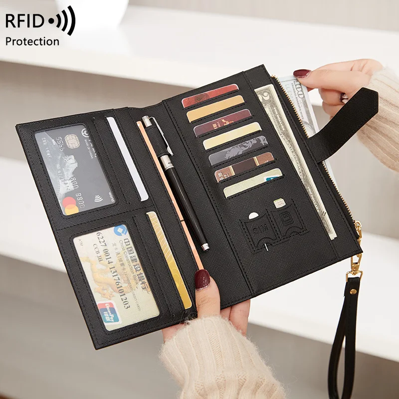 Новинка RFID Saffiano PU Сумка для паспорта на молнии с пряжкой Держатель держателем ручки многофункциональный длинный женский кошелек