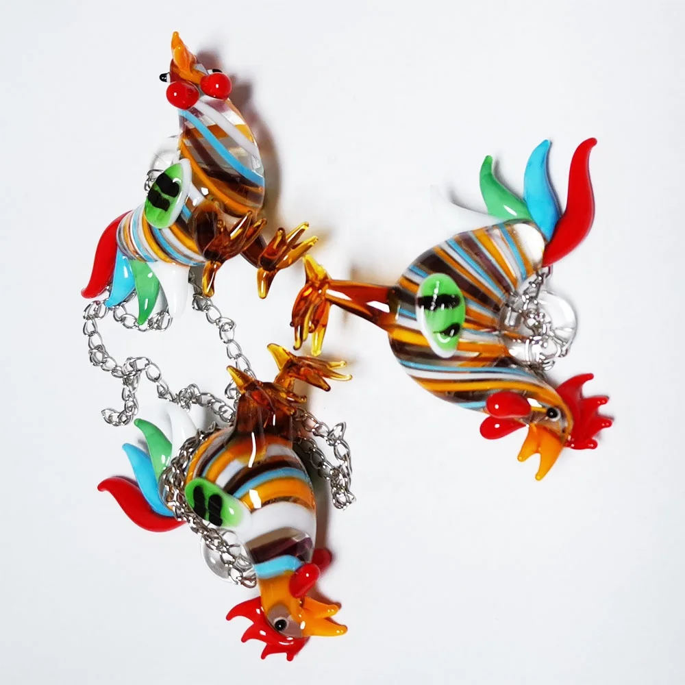 Wholesale French Gallic Rooster Handmade Murano Glass Cock Metal Chain Hanging Rooster Figurine for Home Garden Tree Ornaments