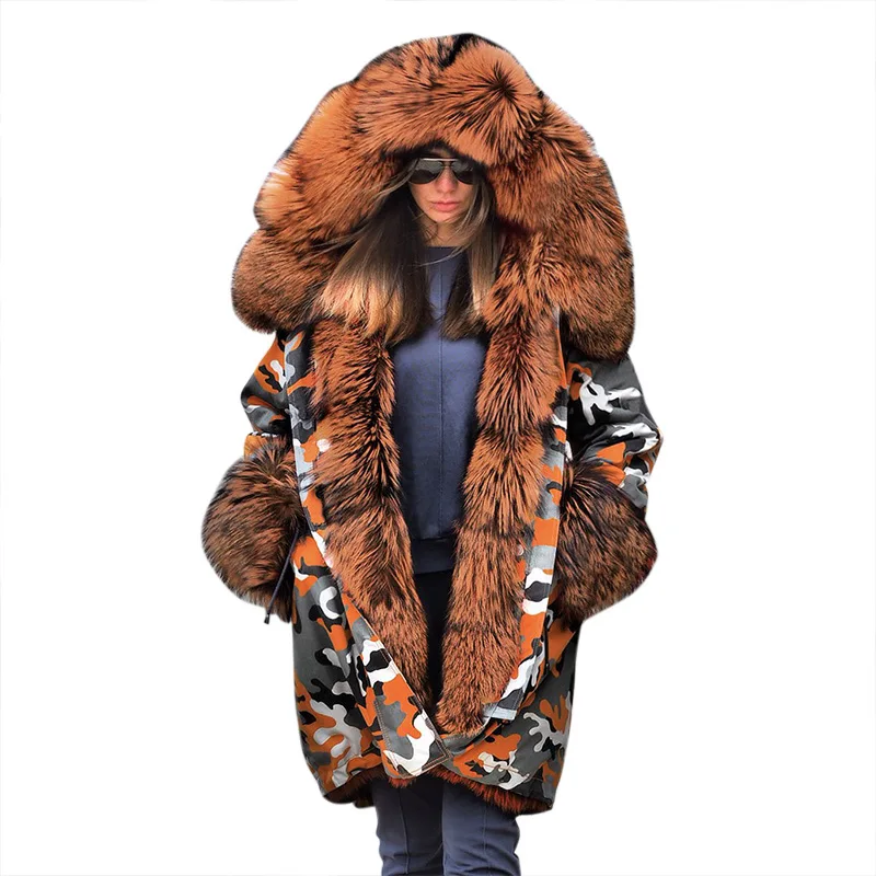 Fashion autumn sherpa bomber camouflage jacket hoodie big fur collar winter bubble coat for women