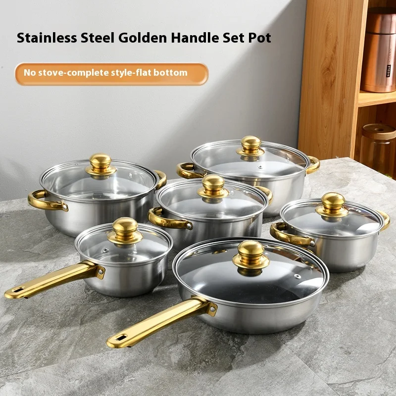 Classic Gold Handle Stainless Steel Stockpot Set Induction Bottom Sustainable Design for Home & Kitchen Use Food Commercial New