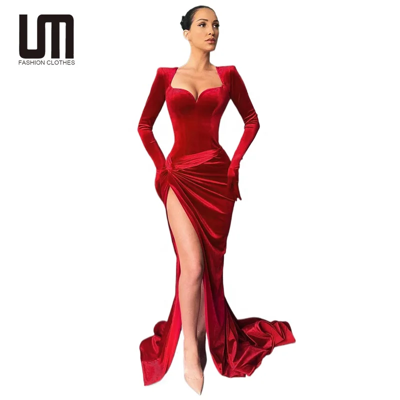Liu Ming Trending Fashion Luxury Women Sexy V Neck Long Sleeve Velvet Night Party Evening Dress