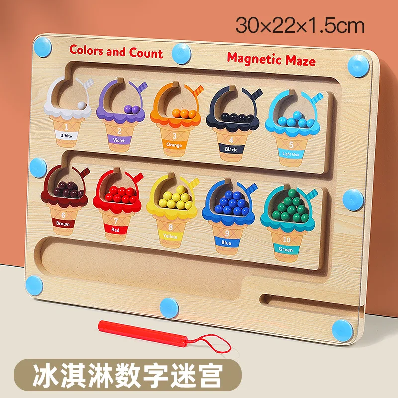 PT OEM&ODM Ice Cream Magnetic Color And Number Maze Wooden Magnet And Maze Game Magnetic Color Maze Board Puzzles