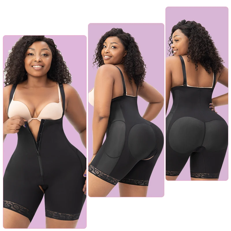 Women Plus Size Zip Front 4pcs Removable Padded One Piece Powernet Shaper Short Hip Lift Butt Enhancing Shapewear With Pads