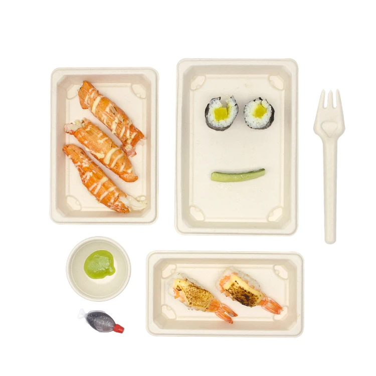 LOKYO custom microwaveable eco friendly biodegradable rectangle pulp bagasse disposable sushi tray box for sushi