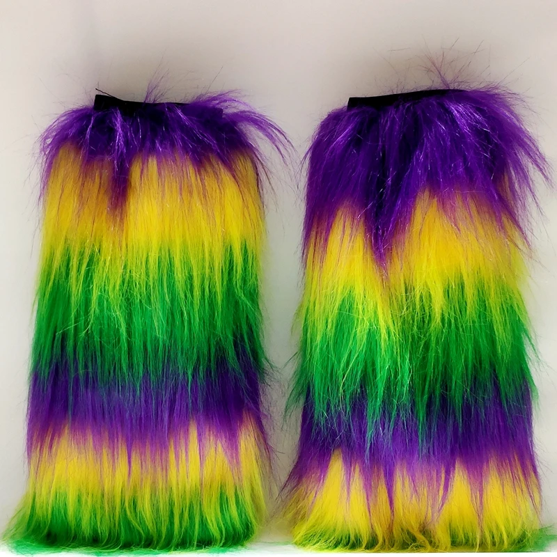 Haiwin Party Mardi Gras Purple Yellow Green Furry Leg Warmers for Women Masquerade Mardi Gras Costume