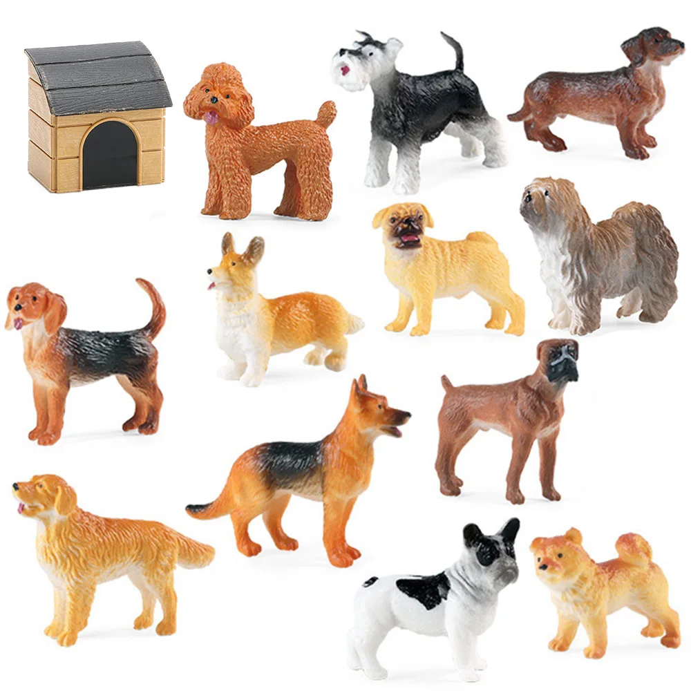 Realistic Figurines Toys w/Dog House Durable Solid Body Puppy Educational Collection Decorations 12PCS Dogs Figures Play Set