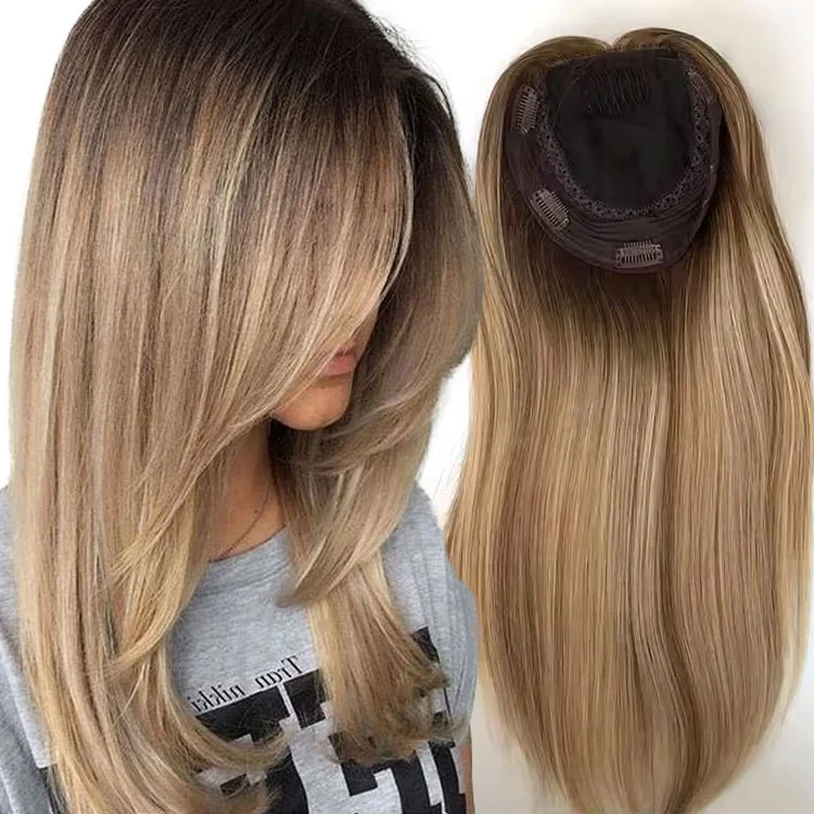 High Quality 100% Raw Virgin human hair machine made top silk base custom length ombre color straight women topper with clips