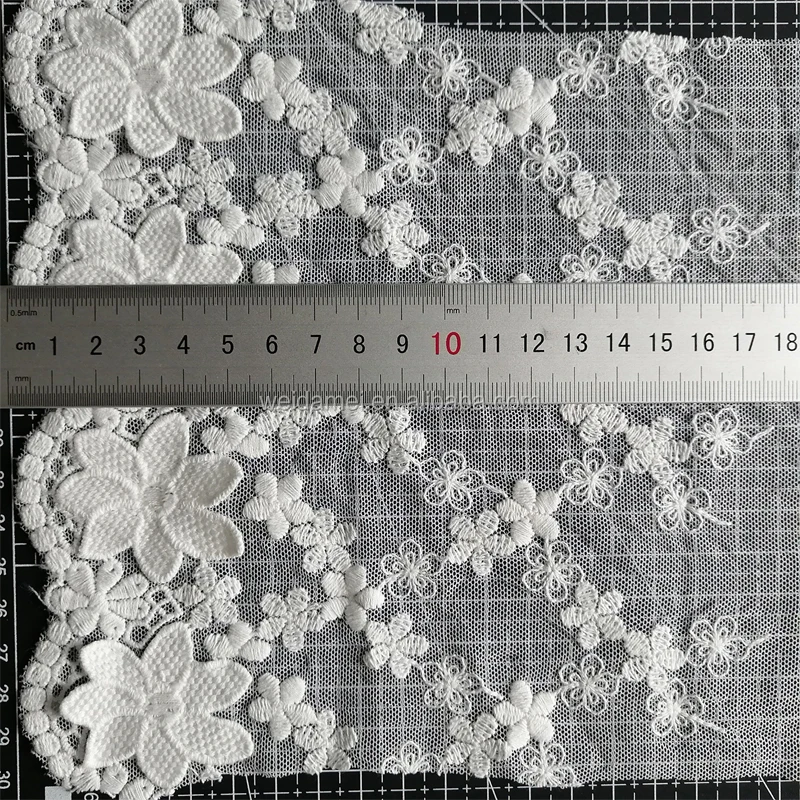 White Embroidered Mesh Lace Trim 3D Flower Voile Lace Trimming Embroidery Tulle 3D Lace Trim for Sale