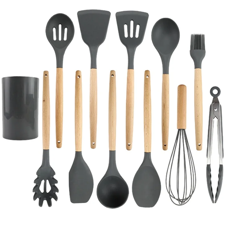 
11pcs Silicone Cooking Utensil Set with Hold and Wooden Handle BPA Free Non-stick Heat Resistant Cookware Set 