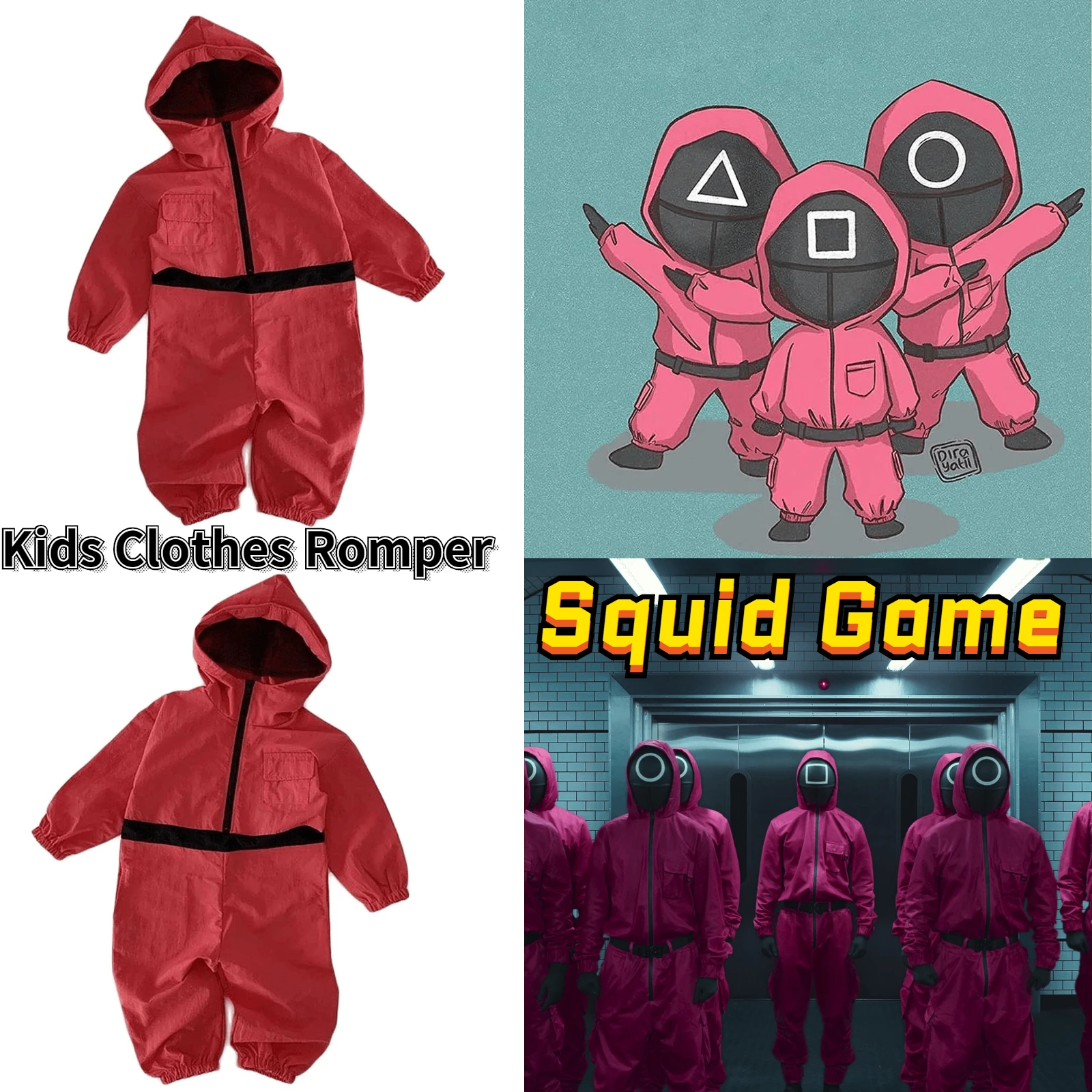 Squid Game Costume Kids Cosplay Jumpsuit Logo Face Square Circle Triangle Headgear and Halloween Party Costume