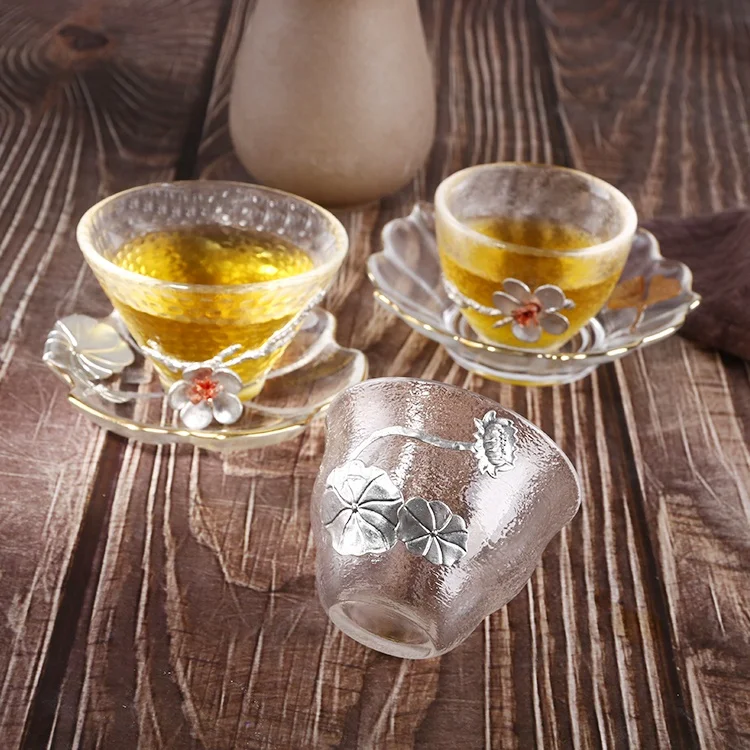 Tin flower design glass tea cups and saucer set drinking glassware with gold rim wholesale