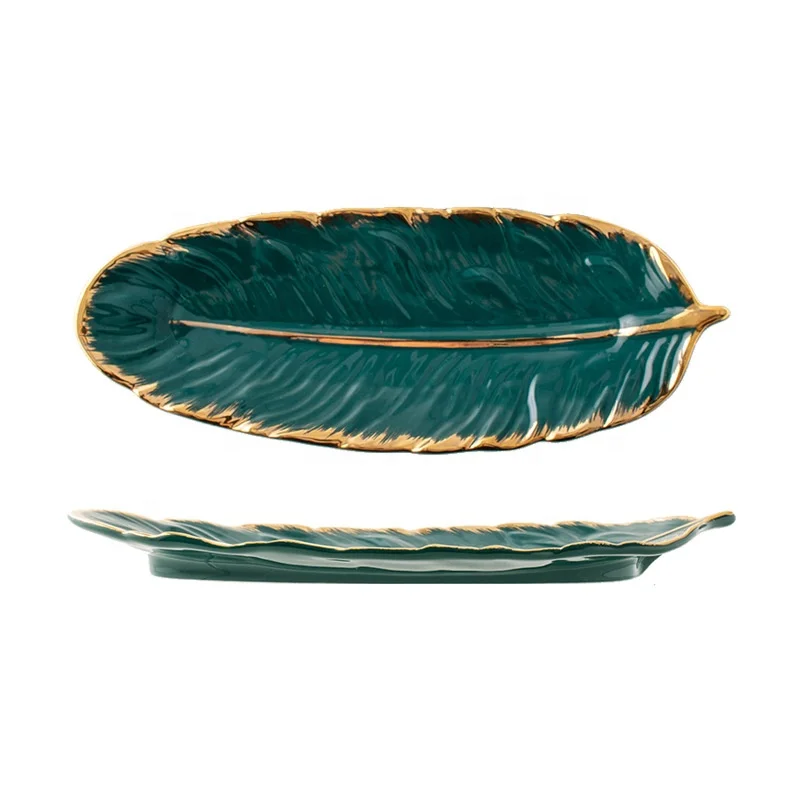 Banana Leaf Ceramic Dessert Jewelry Plates Dish Dinnerware Gold Green Feather Plate Storage Tray Tableware For Home