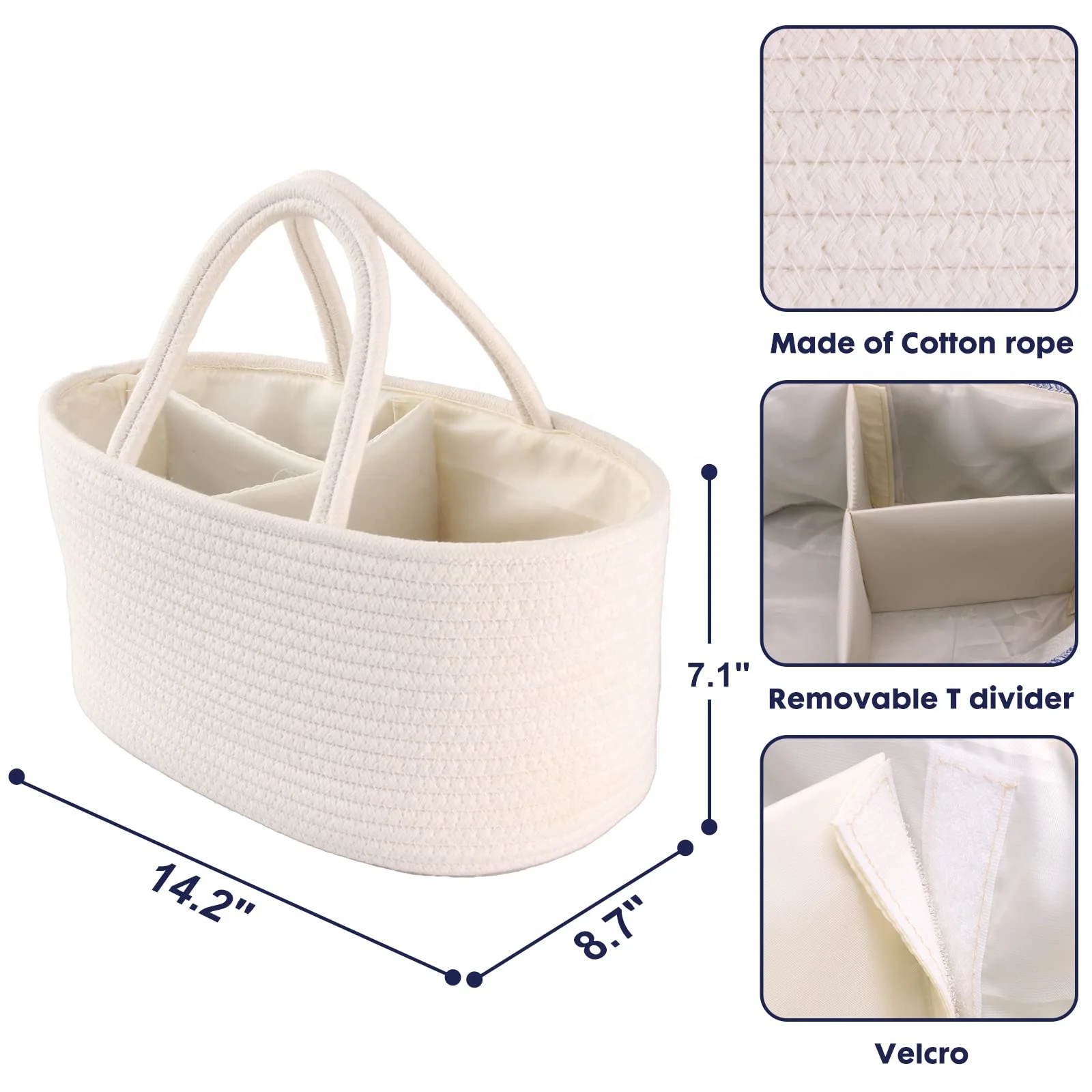 Baby Diaper Caddy Organizer for Girl Boy Cotton Rope Nursery Storage Bin Basket Portable Holder Tote Bag for Changing Table