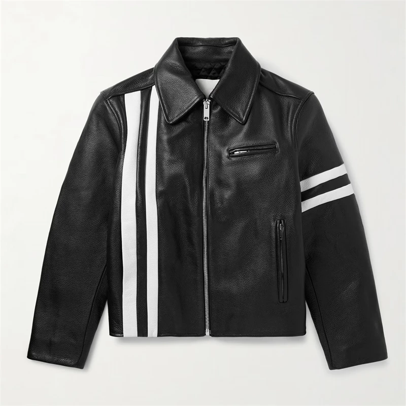 Fashionable Trend High-quality Slim-fit Zip Fastening Jacket Attractive Striped Black Ivory Full-grain Leather Jacket for Men