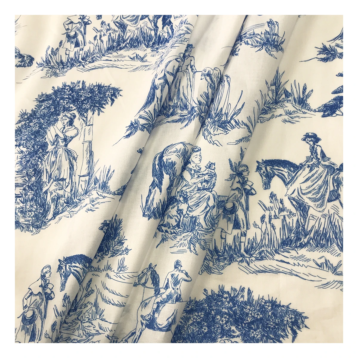 The factory outlet popular cotton voile customize digital printing blue toile de jouy fabric for clothing