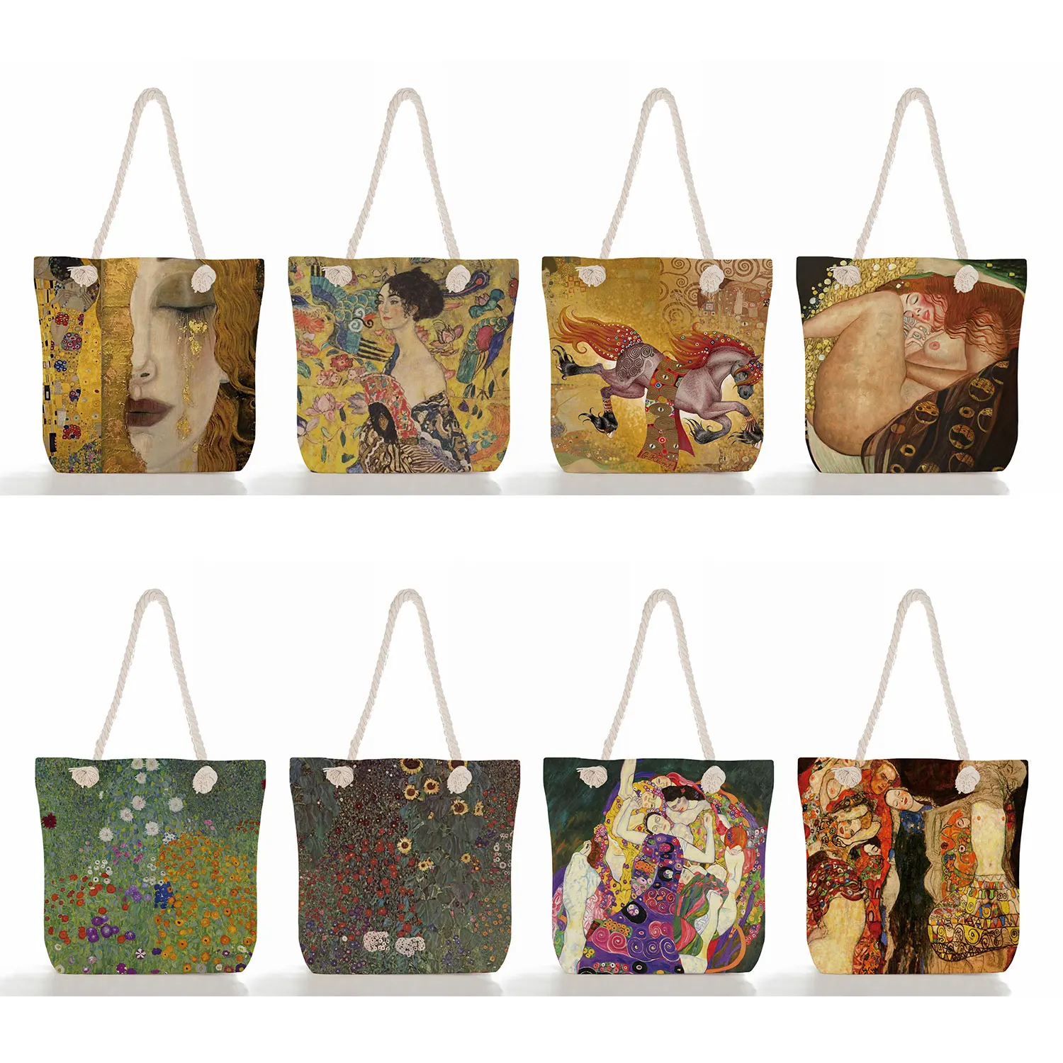 Oil Painting Tears Handbags For Women Gustav Klimt Ladies Fashion Cheap Thick Rope Tote Large Capacity Shopping Bags Wholesale