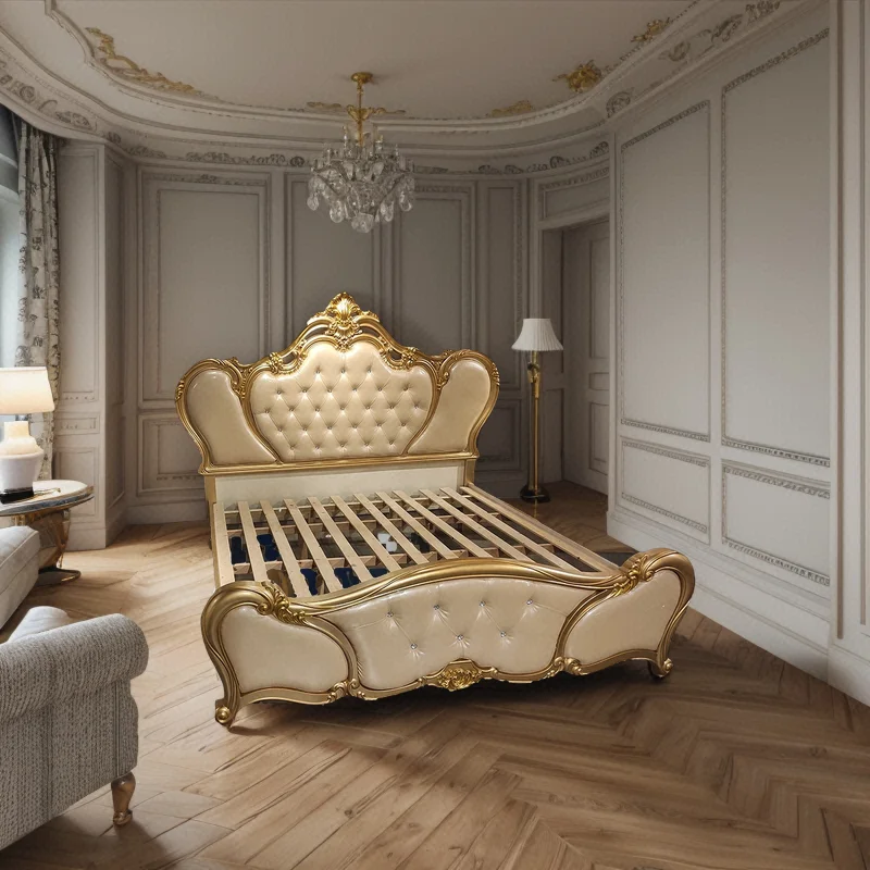 Luxury Champagne Gold Carved French Royal Leather King Size Bedroom Set Solid Wood Bedframe for Home or Apartment Furniture
