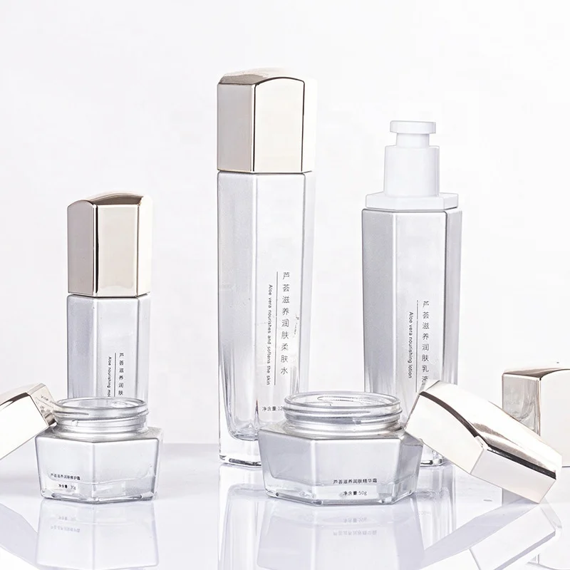 Luxury hexagon cosmetic glass pump bottle set skin care series face cream jar cosmetic packaging hexagon glass lotion bottle