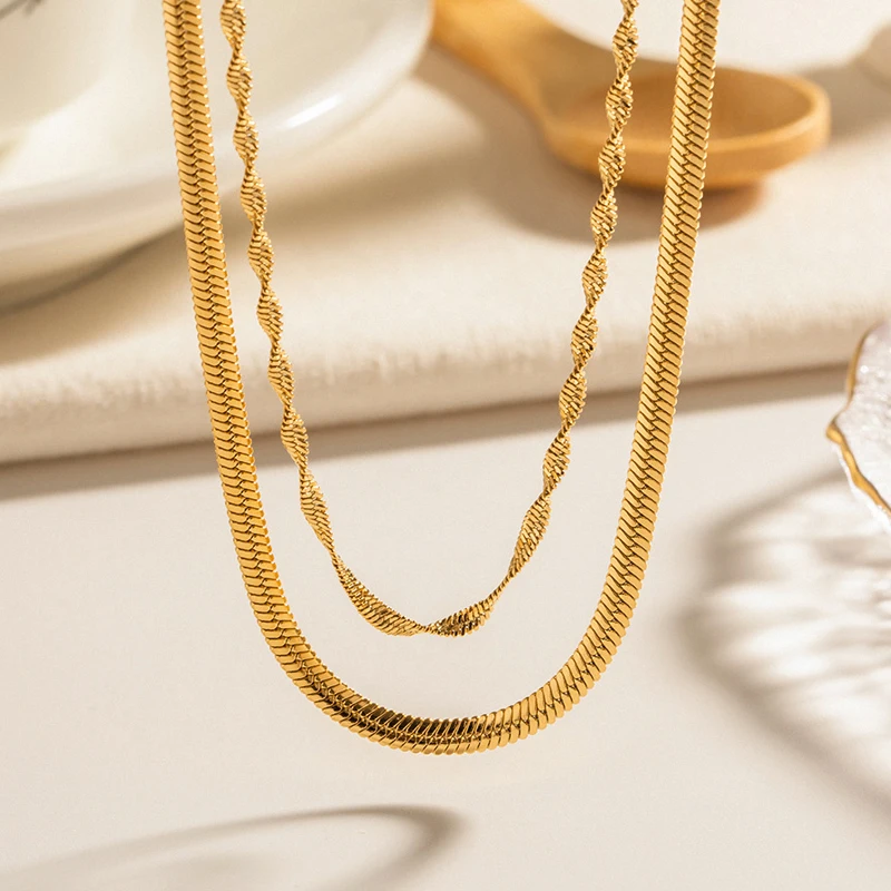 Waterproof 18K Gold Plated Stainless Steel Herringbone Necklace Jewelry Dainty Layered Twisted Chain Necklace for Girls