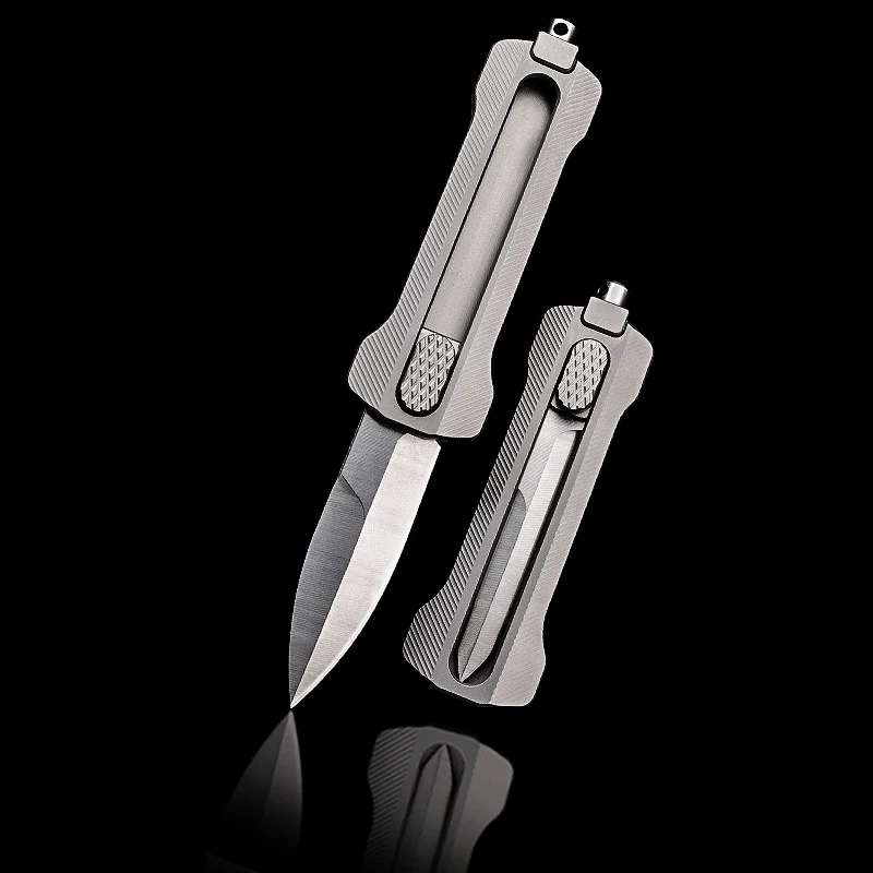 D2 Stainless Steel Sandblasted Multipurpose Folding Knife, Titanium Handle
