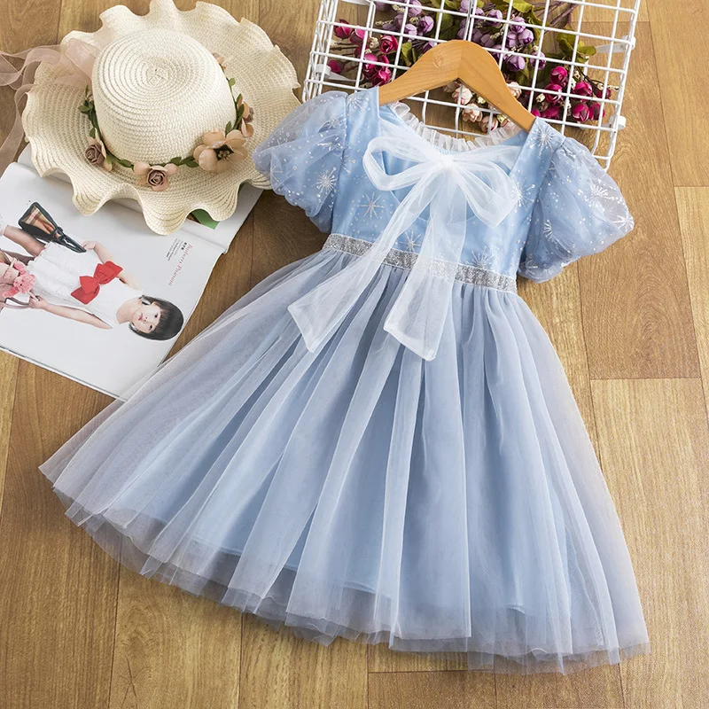 3-8 Years Cute Girl Wedding Princess Dresses Children Sequined Shiny Pageant Party Tutu Birthday Summer Casual Bow Tulle Costume