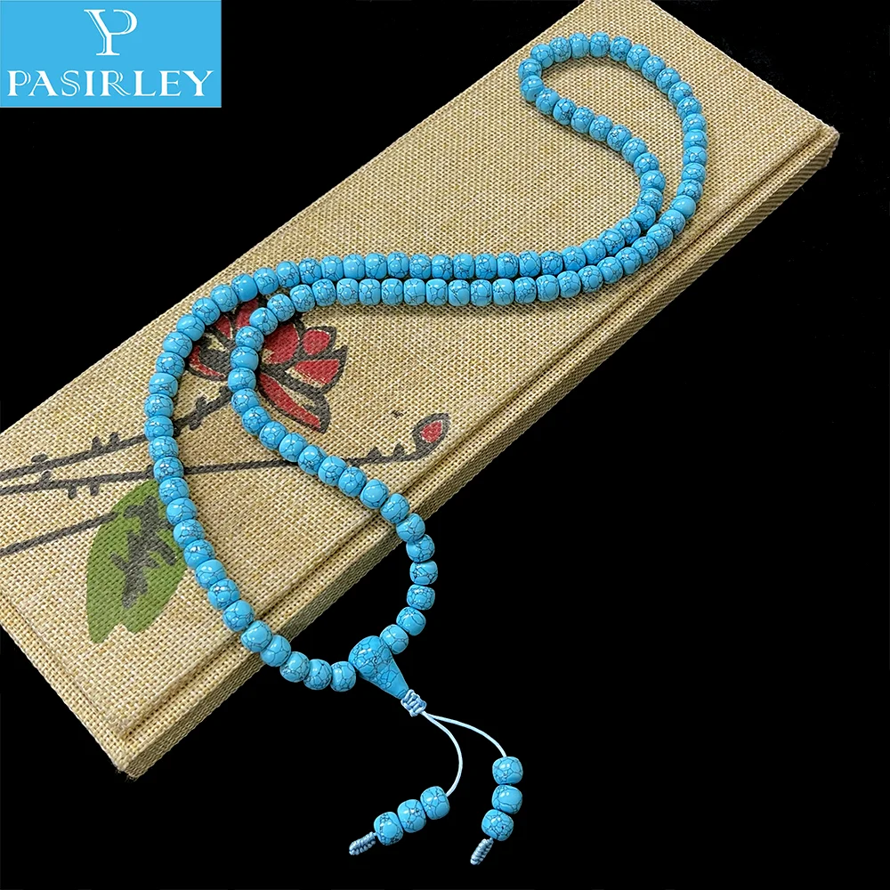 Handcrafted Bucket 8mm Synthetic Turquoise Buddha Beads 108 Beads Blue Turquoise Bucket Bead Bracelet Necklace