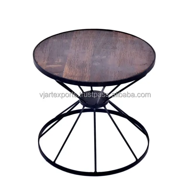 Vintage Industrial Indian Country Metal Leg Frame Small Wooden Side Bed Table For modern Living Room