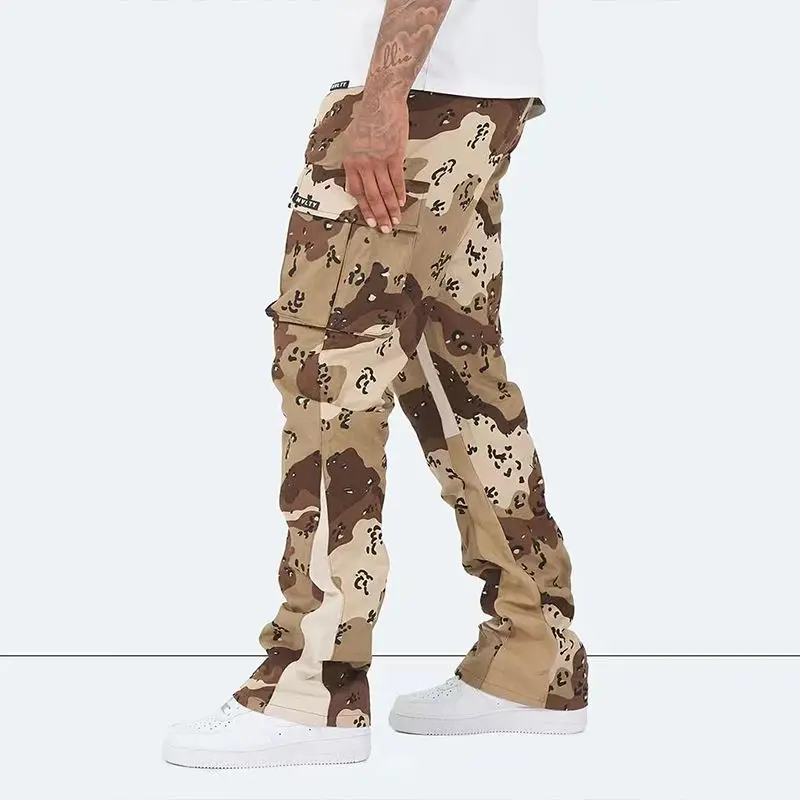 High Quality Patchwork Custom Logo Camouflage Twill Stacked Camo Cargo Flared Pants Men
