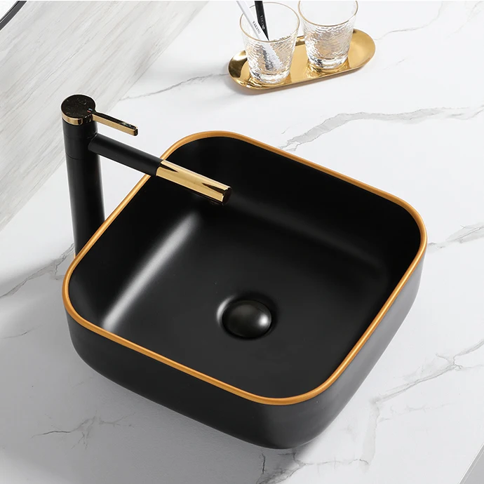 Пользовательский дизайн столешницы матовая черная керамическая раковина для ванной комнаты Современная и золотая линия художественная
