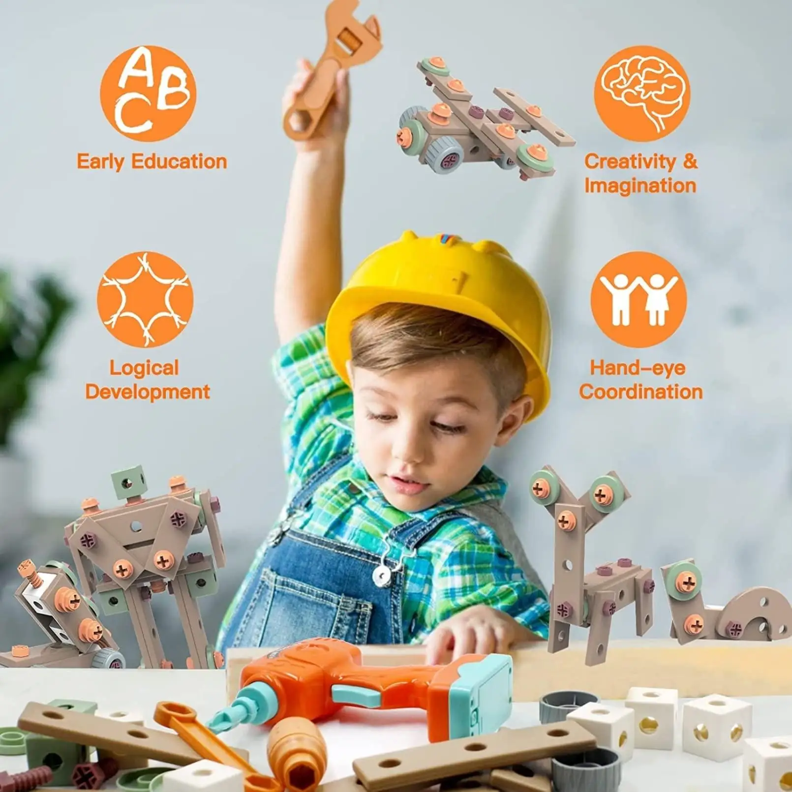 Educational Building Blocks Kids Power Tool Box Set DIY STEM Building Toys Kit 144PCS Electric Drill  Tool