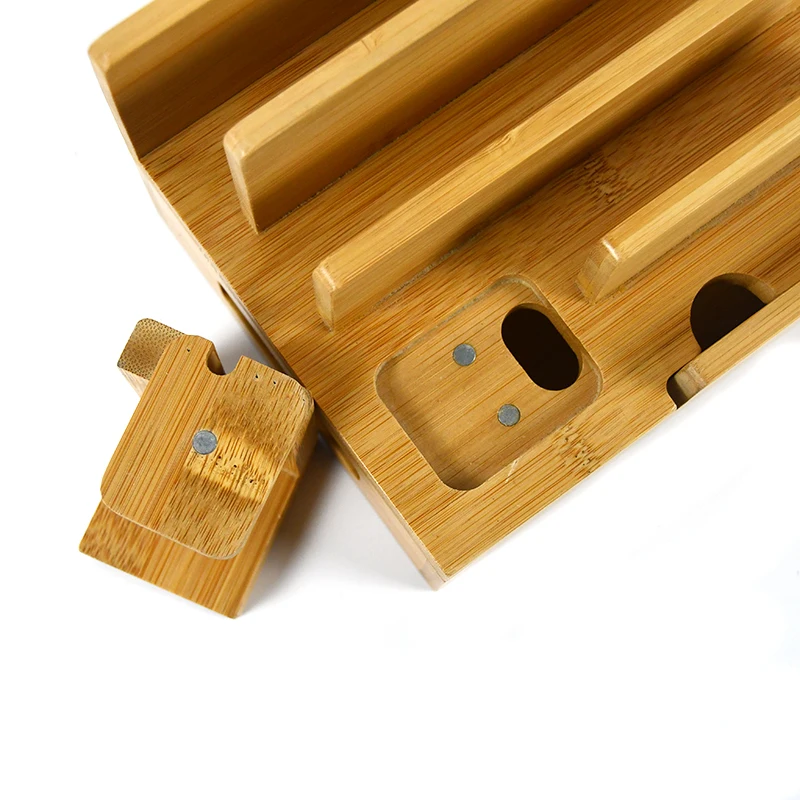 Bamboo And Wood Multi Device Manager Mobile Phone Stand Desktop Table Stand Storage Box