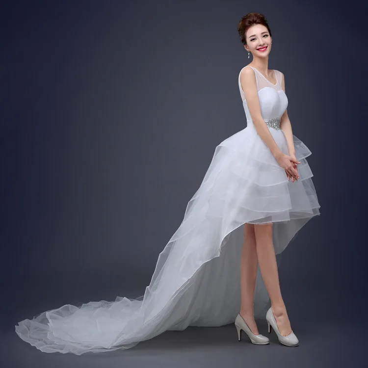 2019 New Korea style Sexy Front Short Back Long Sleeveless Princess Lace High low Wedding dresses with long tail