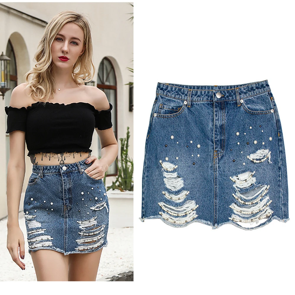 Женская короткая джинсовая юбка с высокой талией и жемчужным синим принтом