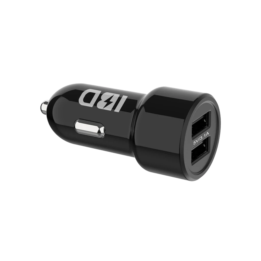 Black OEM Two-port USB Car Charger Built-in Blue LED Light Car Charger with Private Mold for Mobile Phone