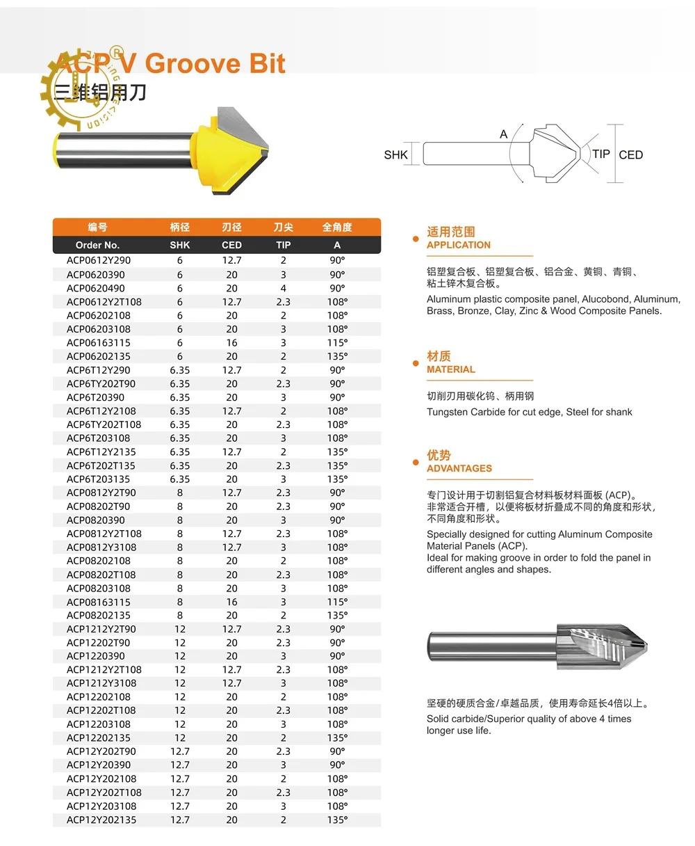 V Groove Router Bit ACM ACP Cutting Tools 108 Degree Alucobond Grooving Bit CNC Router Bits 90 Degree Mitre Fold for Alucobond