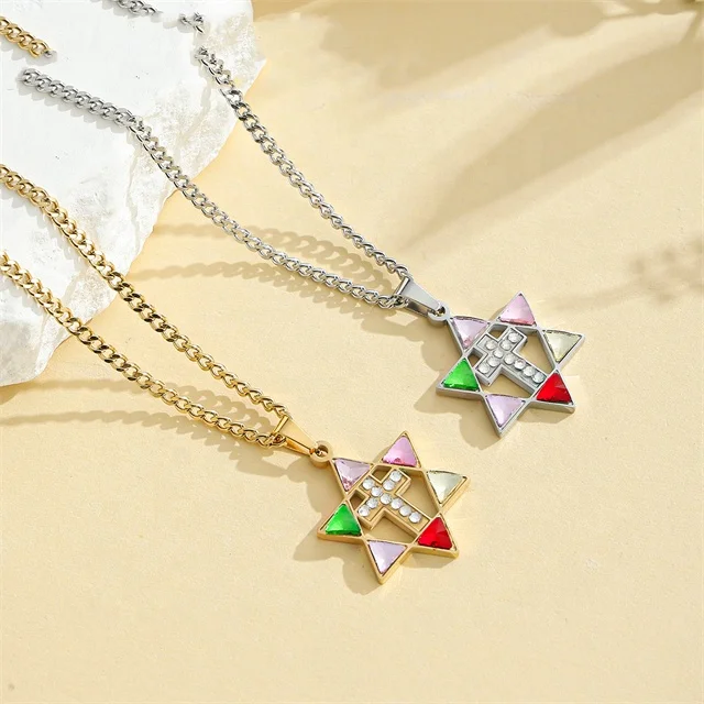 Yiwu Aceon Velle Stainless Steel Stylish Original Design Religion Colorful Triangle Crystal Stone David Star Cross Necklace
