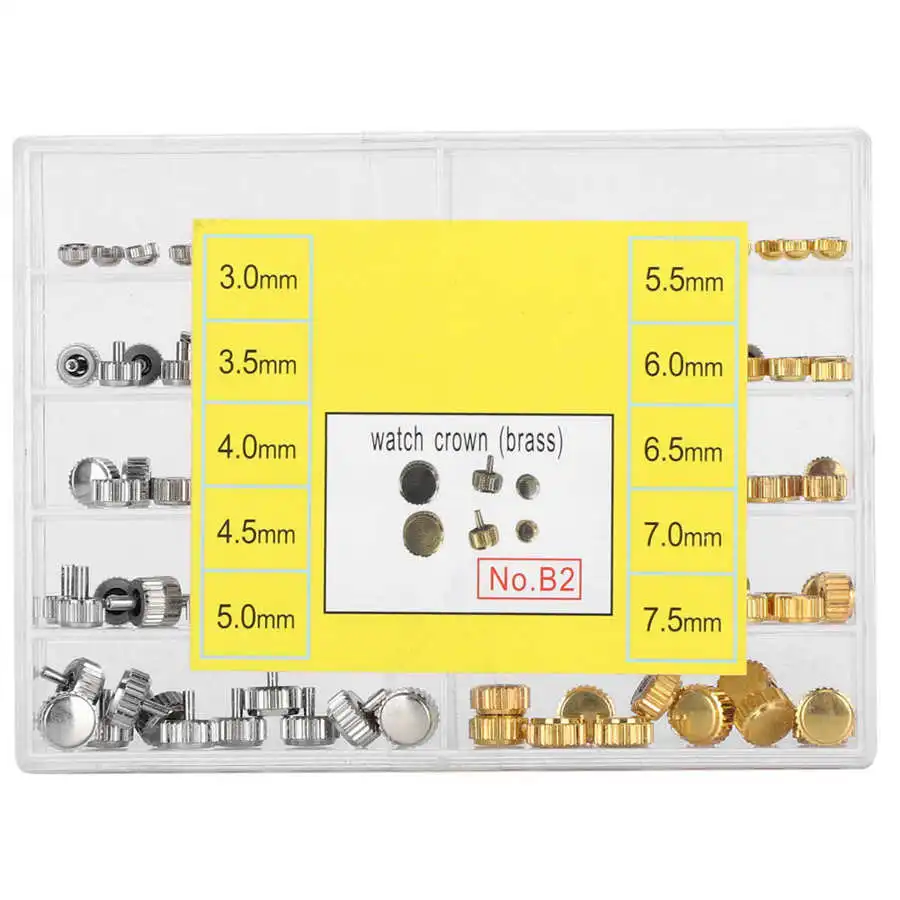 3.0-7.5mm Gold and Silver Alloy Watch Crown Head Assortment Watchmaker Repair Box Kit