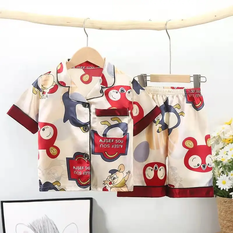 
Childrens summer wear pijama suit silk short sleeve sleepwear thin cardigan cartoon home clothes print pajamas set for boy 