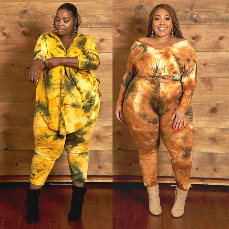 2021 New Arrivals Bodycon Tie Dye Clothing Outfit Plus Size 2 Piece Set Women