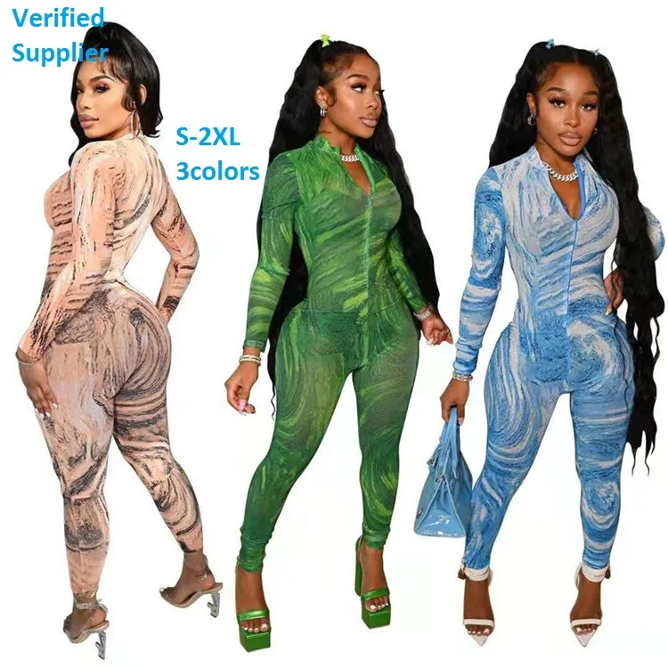 2022 Fall Fashion Women Graphic Printed Long Sleeve Crew Neck Front Floral Zipper Casual Jumpsuit