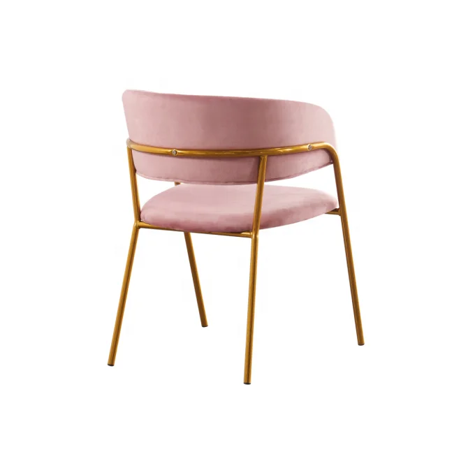 Pink Fast Food Restaurant Dinning Chairs Fabric Armrest Velvet Button Coffee Shop Dining Chair With Golden Steel Metal Legs