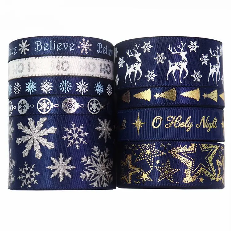 Deep Blue Color Series Holiday Atmosphere Satin Ribbon Christmas Decoration Gold Foiled Printing Ribbed Ribbon for Gift Packing