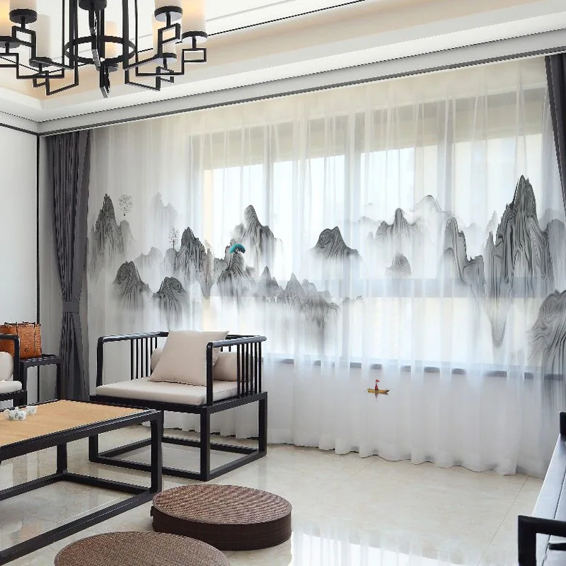 Modern New Chinese Ink Landscape Painting Living Room Study Bedroom Curtain Window Screen